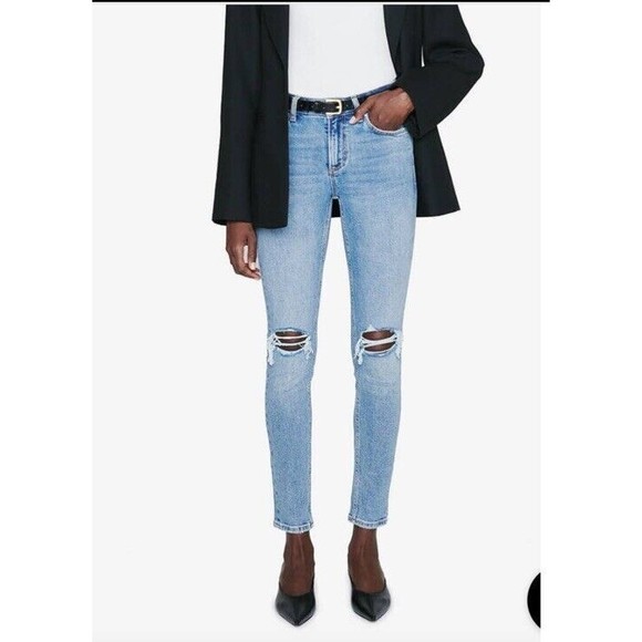 NWT Anine Bing Denim Gabe Mid Rise Ankle Skinny Jean in Destructed Light Wash - Picture 1 of 9